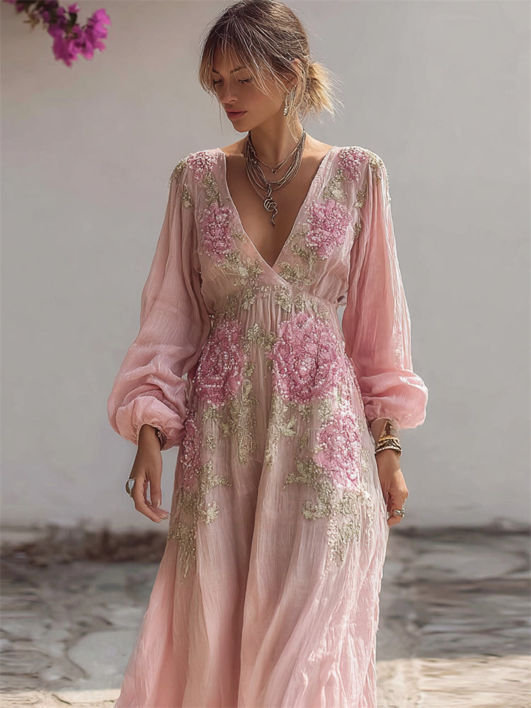 Vintage Pink Roses Glitter Floral Flowy Linen Maxi Dress elevenforest