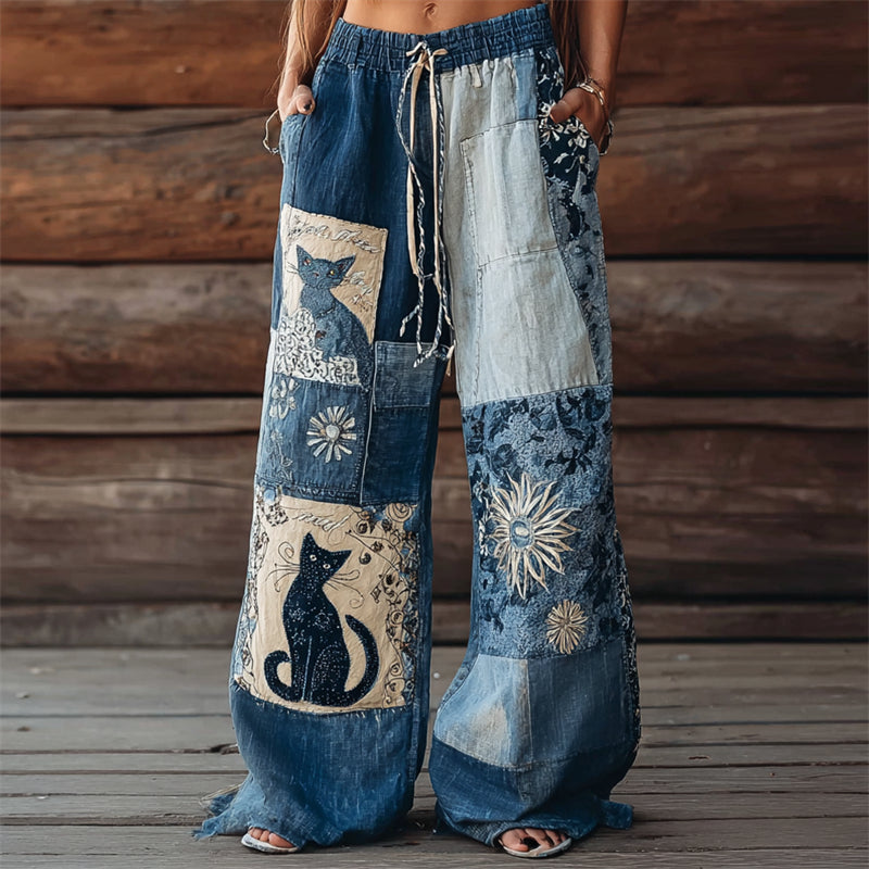 Boho Cats Floral Denim Fiber Art Patchwork Wide Leg Pants elevenforest