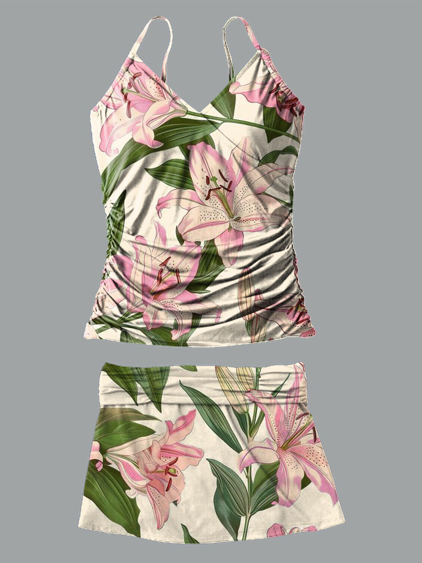 Pink Lily V-Neck Vintage Flowers Print Suspender Skirt Tankini Pantskirt Set Swimsuit