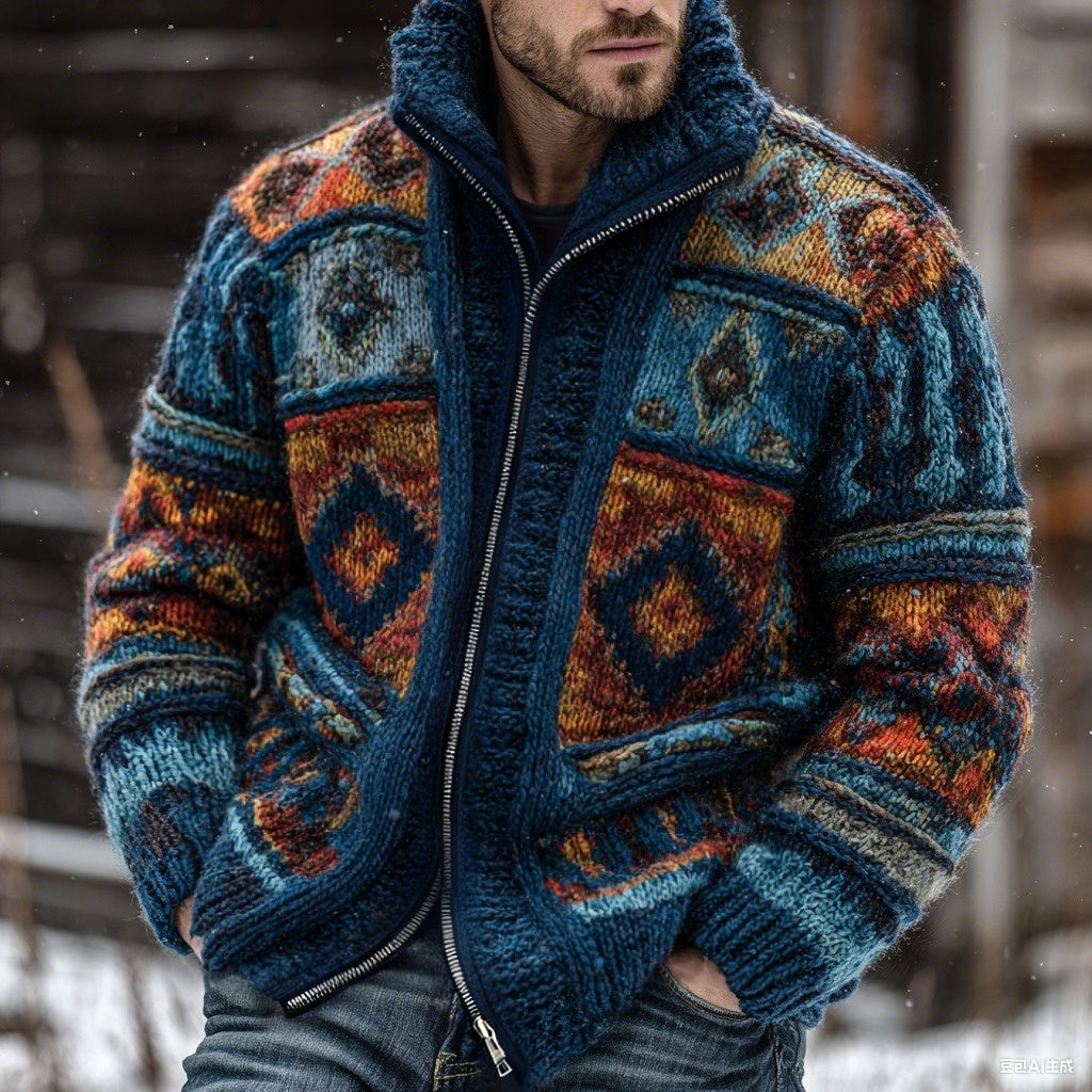 Fair Isle Geometric Ethnic Pattern Jacquard Color Block Knitted Cardigan artswardrobe