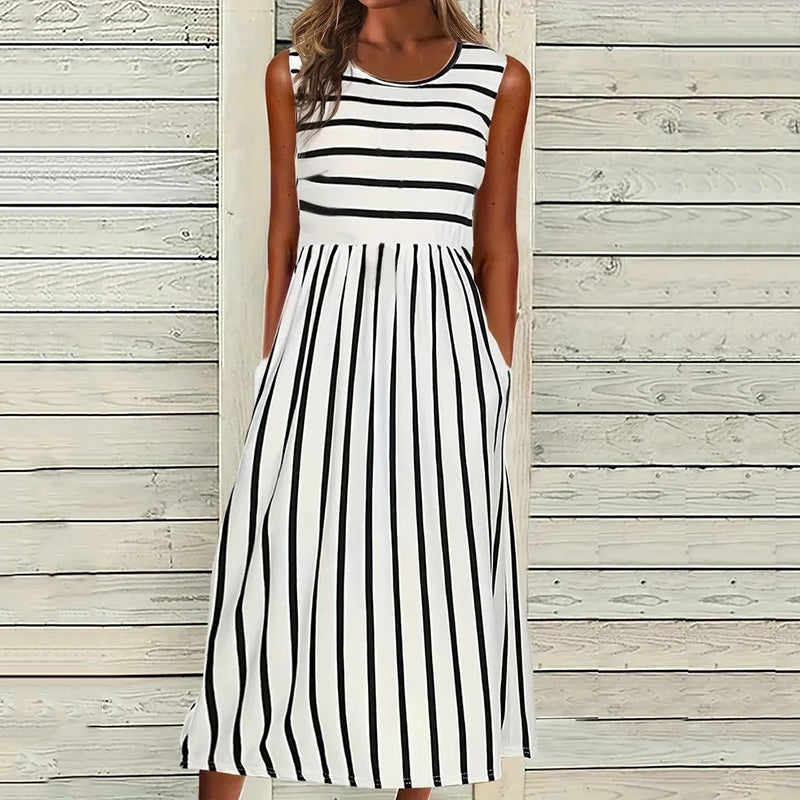 Vintage Stripe Art Linen Tank Midi Dress artswardrobe