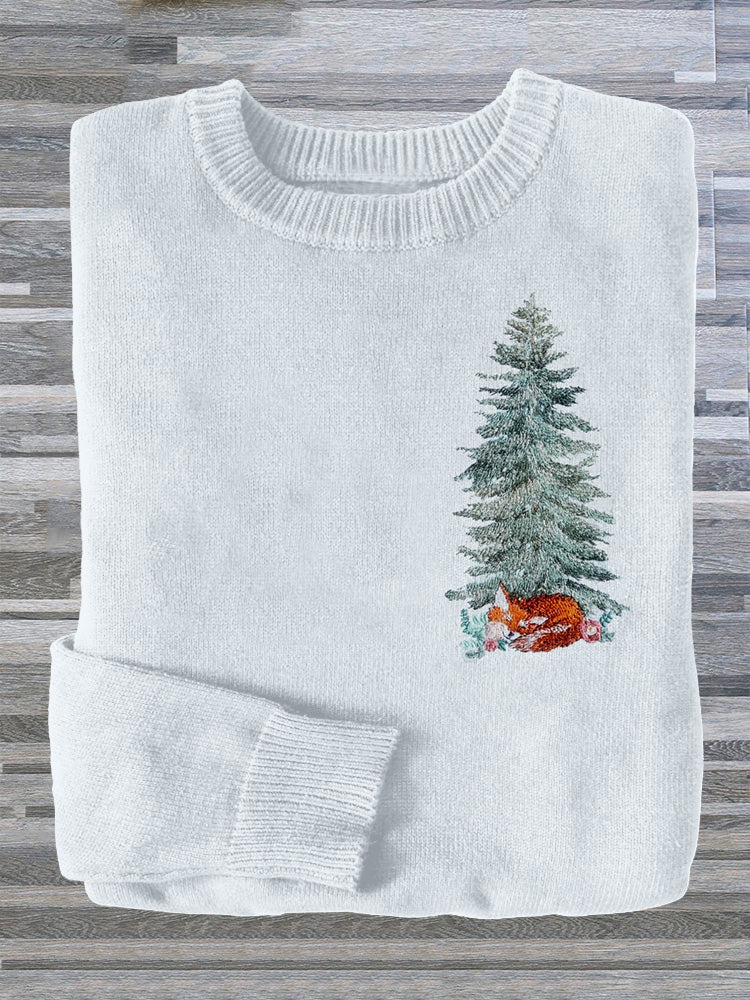 File Fir Tree with Fox Embroidery Art Cozy Sweater artswardrobe