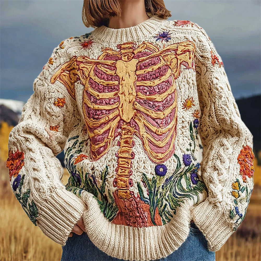 Vintage Anatomical Skeleton Floral Embroidery Women's Knit Crew Neck Sweater artswardrobe