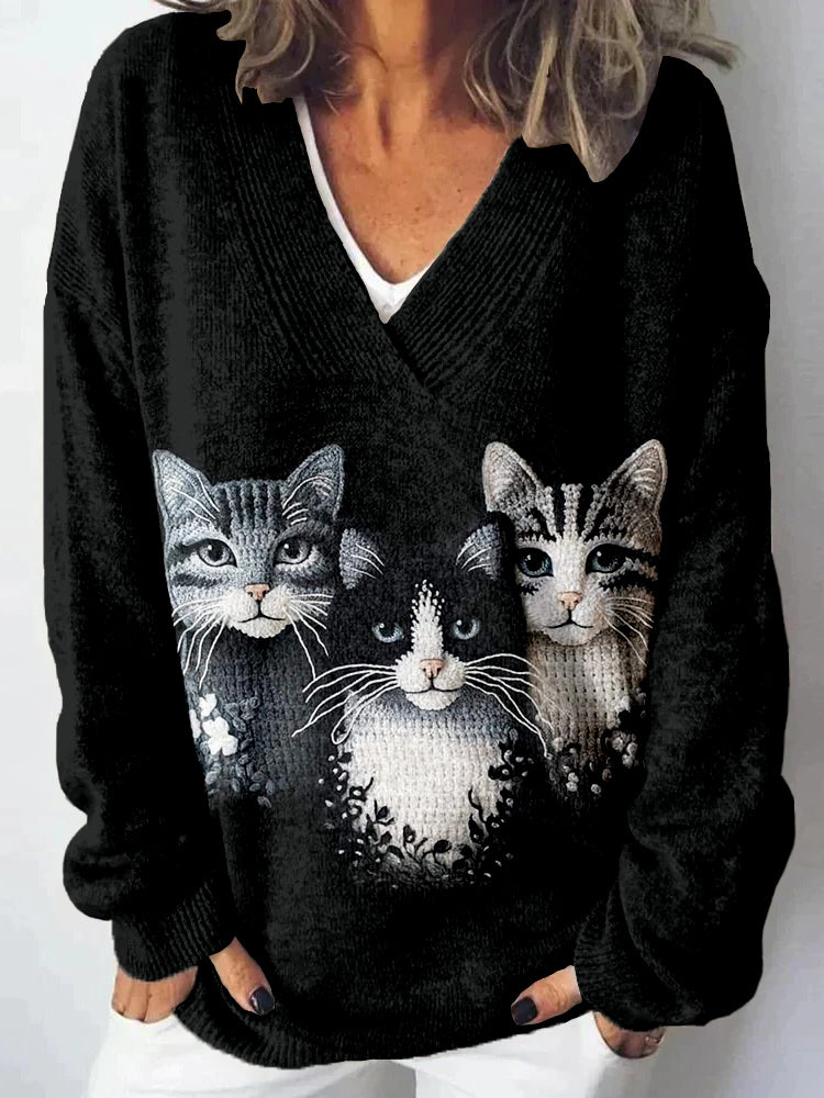 Lovely Cats Pattern V Neck Cozy Knit Sweater elevenforest