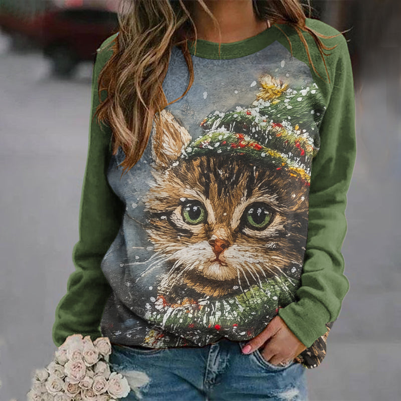 Christmas Cat Print Crew Neck Casual Sweatshirt elevenforest