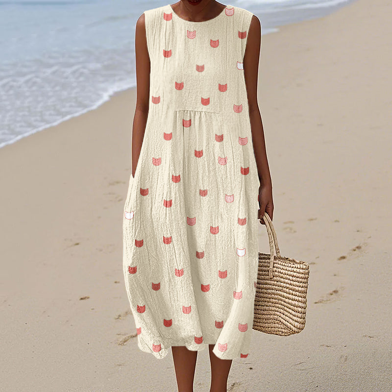 Cute Little Kitty Pattern Cozy Linen Tank Dress elevenforest