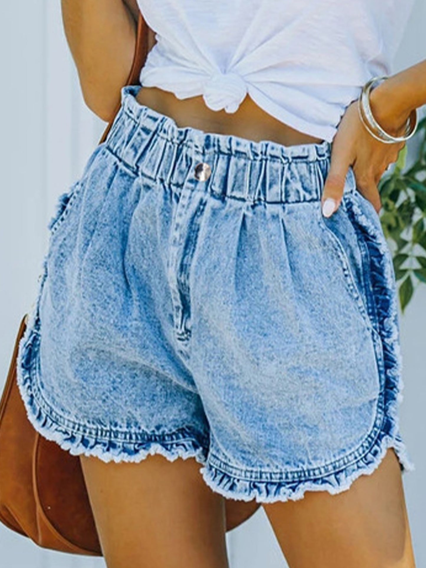 Raw Lace Denim Elastic Waist Shorts