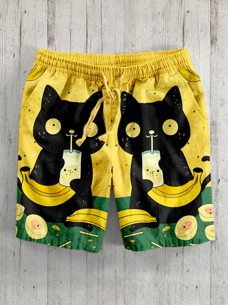 Black Cat Drinking Banana Milk Linen Blend Shorts elevenforest