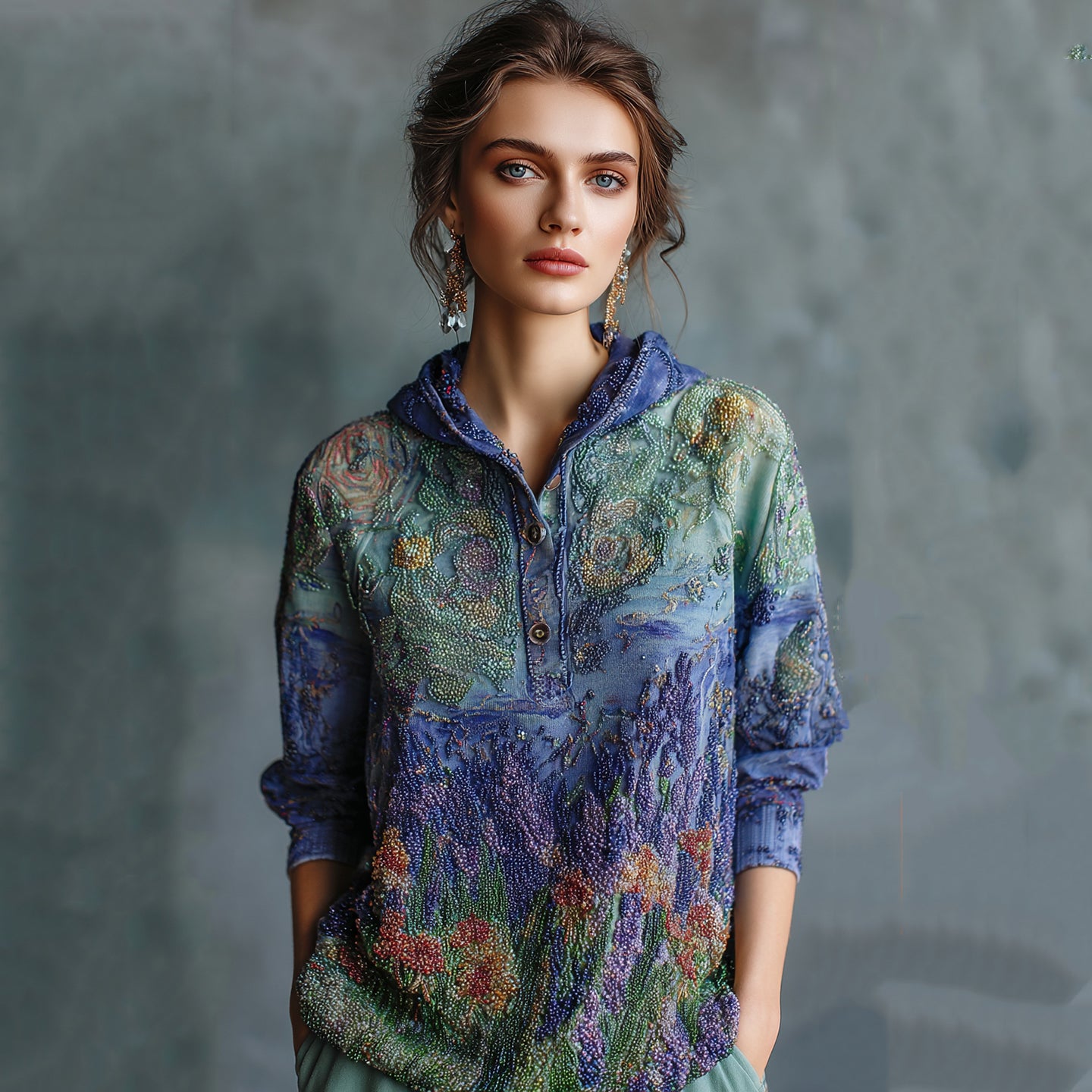 Women's Oil Painting Floral Contrast Color Sequined Button Hoodie artswardrobe