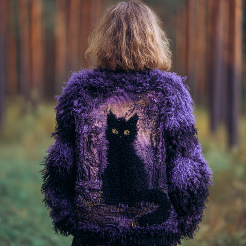 Women's Casual Vintage Halloween Black Cat Embroidered Sweater artswardrobe