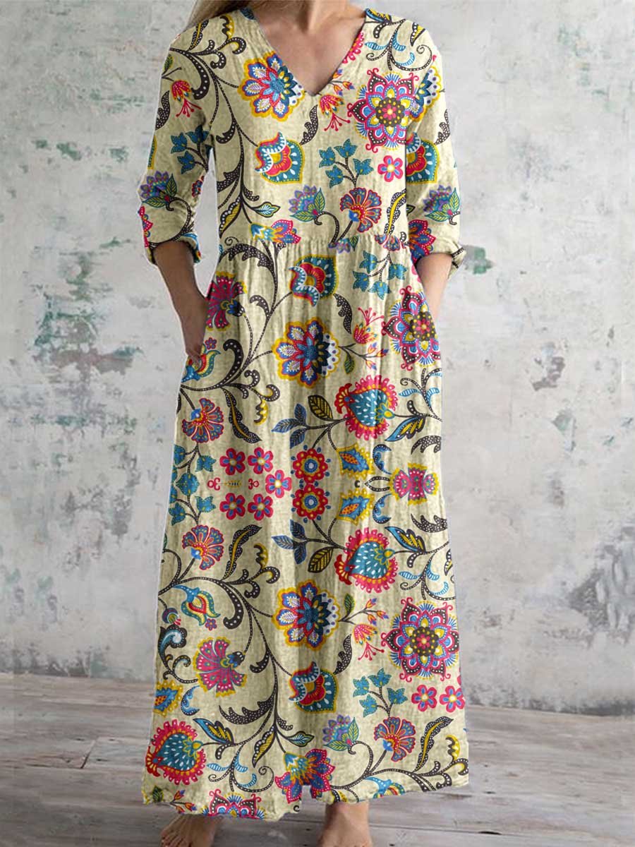 Women's Elegant Floral Pattern V-Neck Cotton Fabric Dress with Pockets