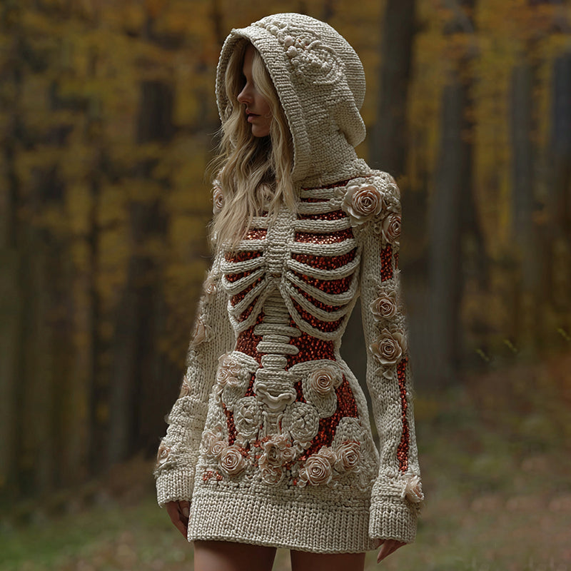 Women's Halloween Skull Floral Knit Hooded Sweater Mini Dress artswardrobe