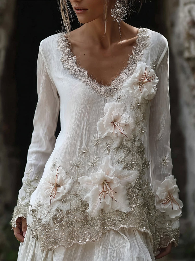 Classy White Lily Floral Lace Hem Flowy Linen Tunic elevenforest