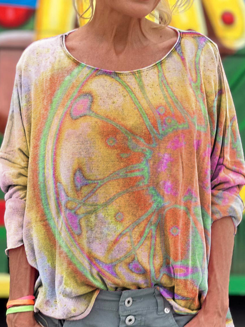Women's Retro Hippie Tie-dye Art Pattern Print Casual Long Sleeve T-sh