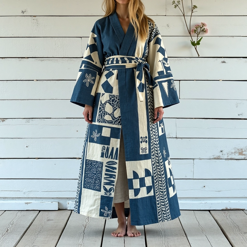 Women's Vintage Japanese Traditional Sashiko Art Linen V-neck Robe artswardrobe