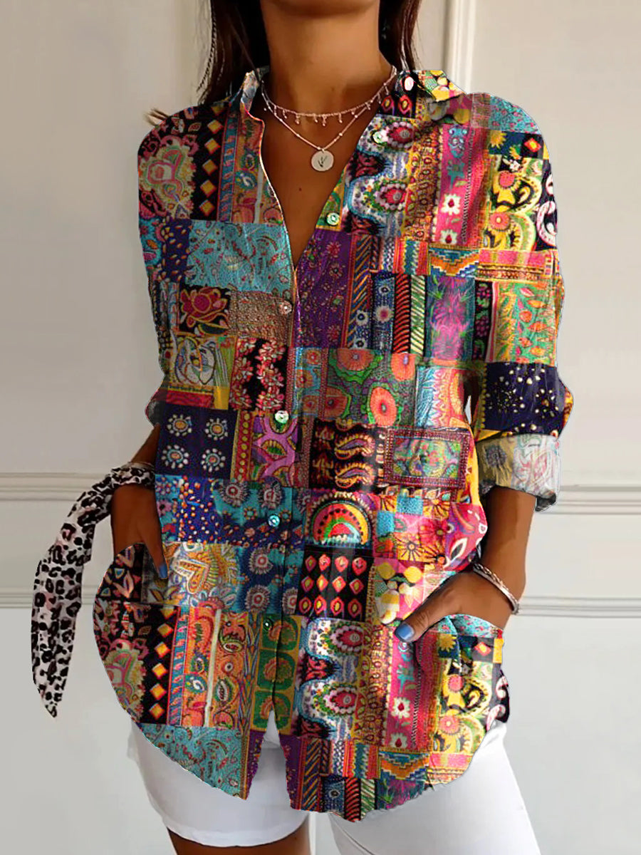 Women's Art Floral Hippie Print Long Sleeve Shirt