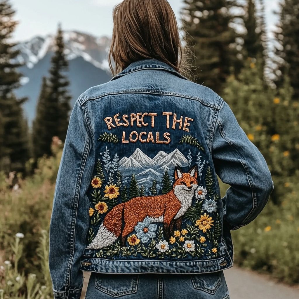 Respect The Locals Fox Floral Embroidered Denim Jacket artswardrobe