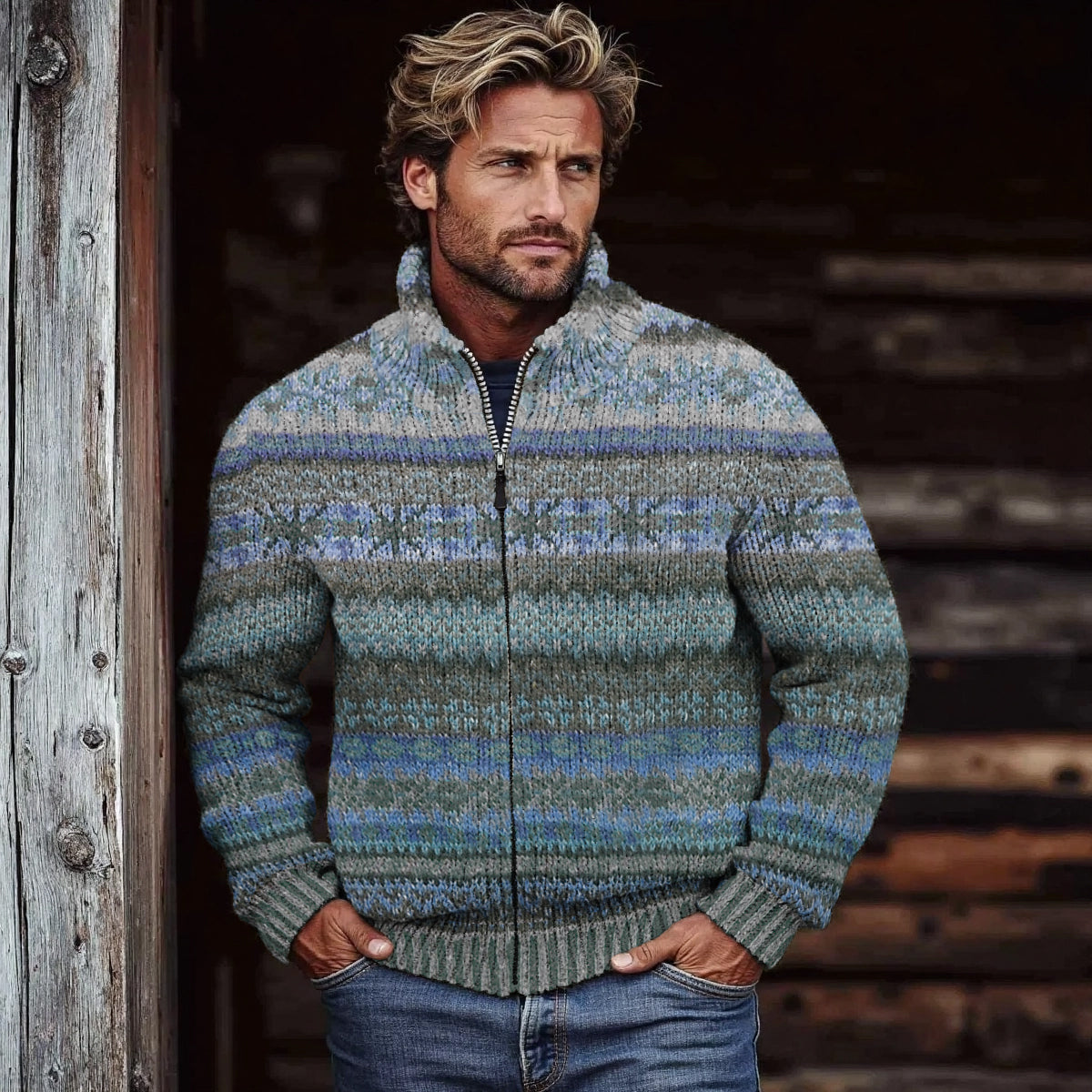 Men's Vintage Fairman Island Knit Jacquard Zip Sweater artswardrobe