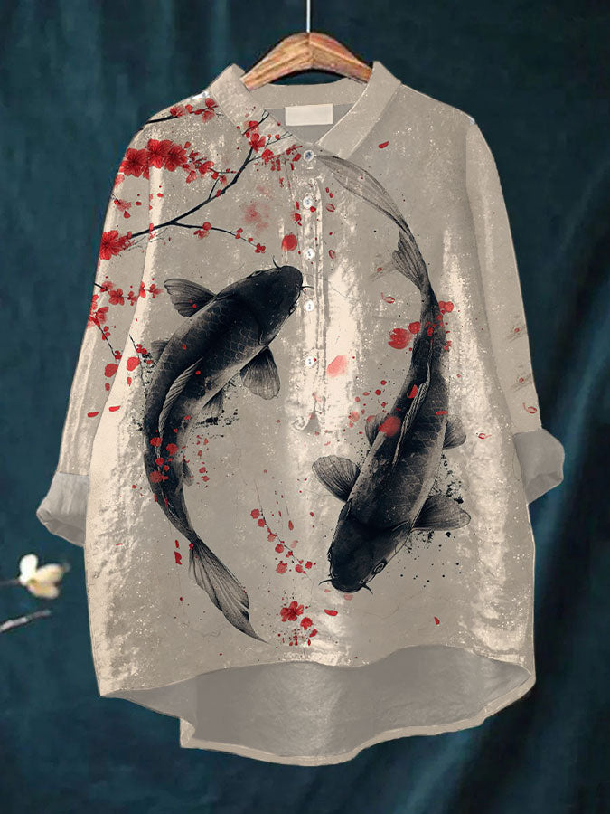 Comstylish Women's Casual Japanese Art Ocean Koi Carp Print Shirt