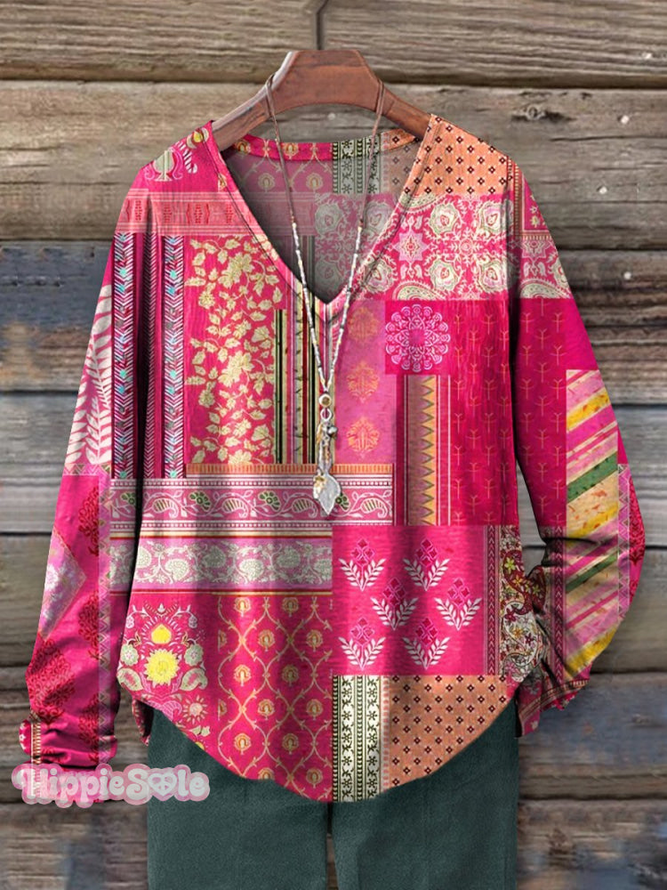 Women's Vintage Art Print Casual V-neck Long Sleeve T-shirt