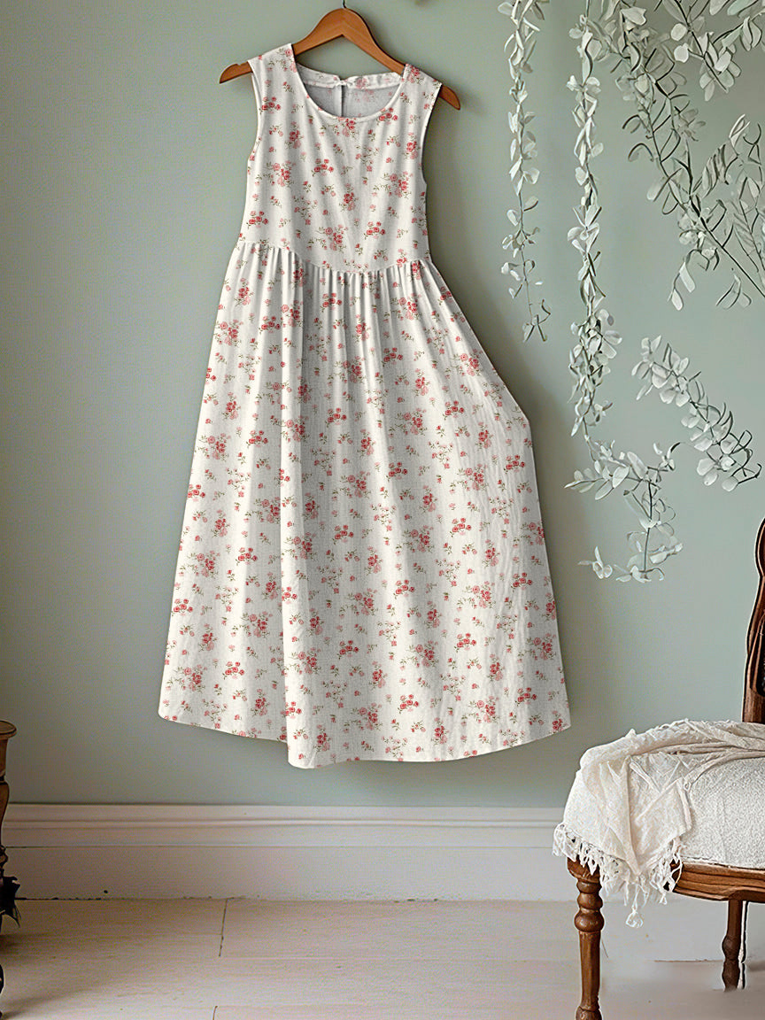 Vintage Floral Art Linen Tank Midi Dress artswardrobe