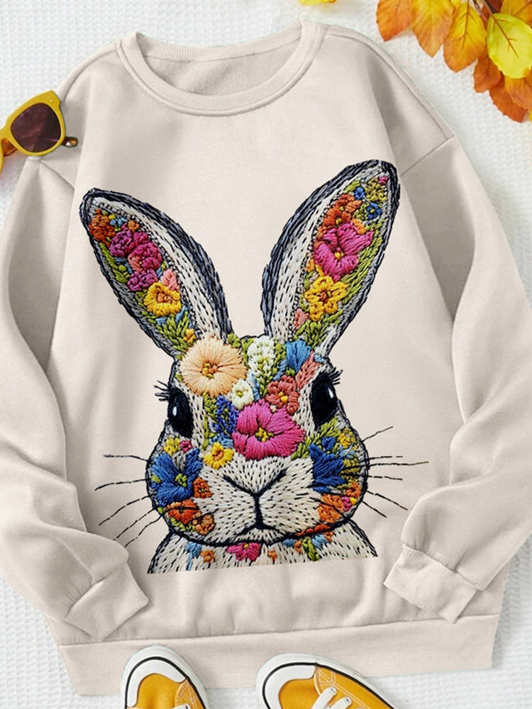 Comstylish Cute Floral Bunny Embroidered Comfy Sweatshirt