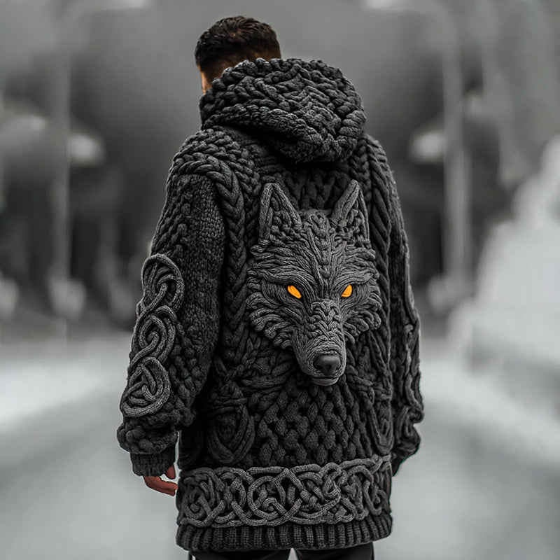 Men's Viking Celtic Knot Wolf Jacquard Knit Hooded Zipper Sweater Cardigan elevenforest
