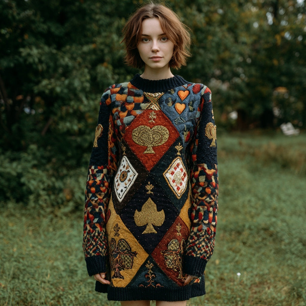Vintage Playing Card Inspired Patchwork Cozy Sweater Dress artswardrobe