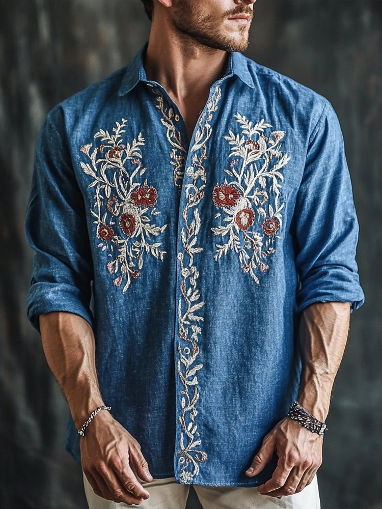 Men's Retro Embroidered Linen Blend Comfy Blouse artswardrobe