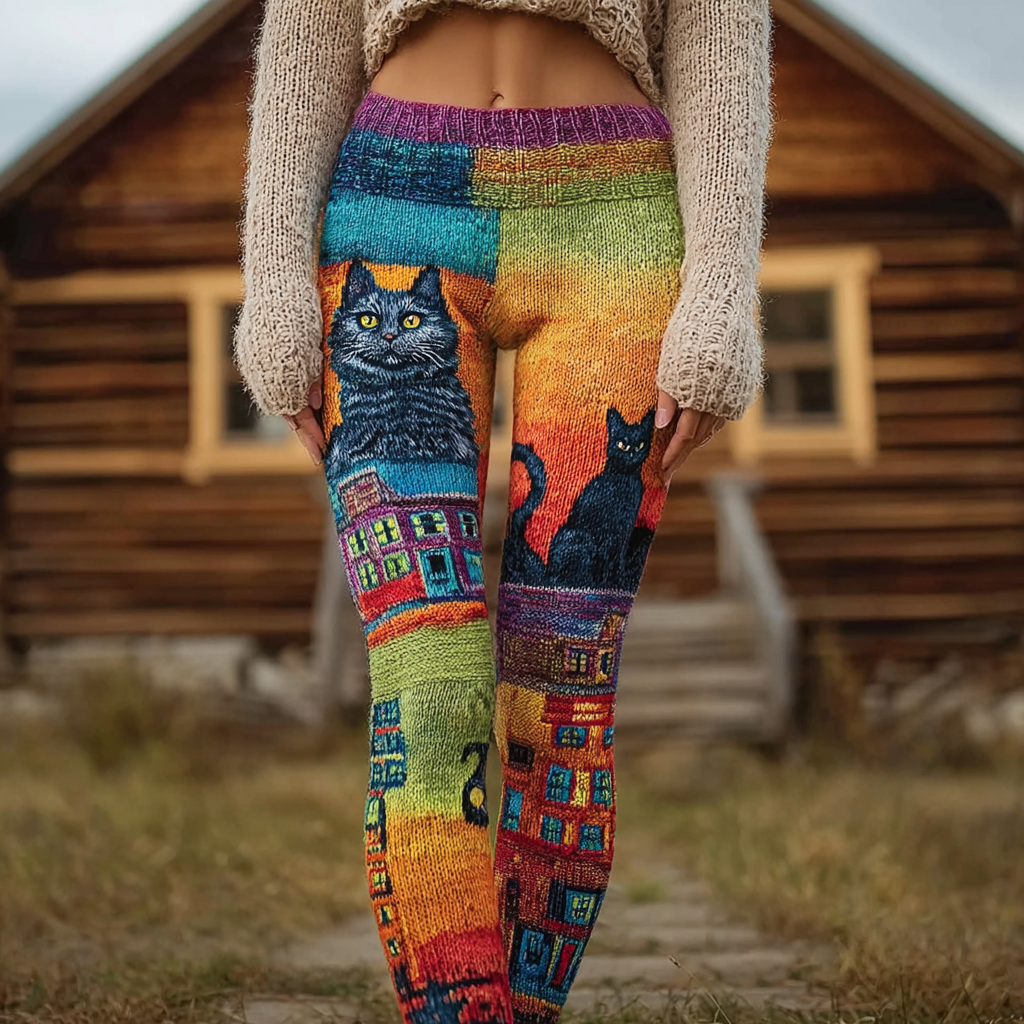 Comstylish Retro Oil Painting Style Cute Cat Pattern Women's Knitted Tight-fitting Leggings