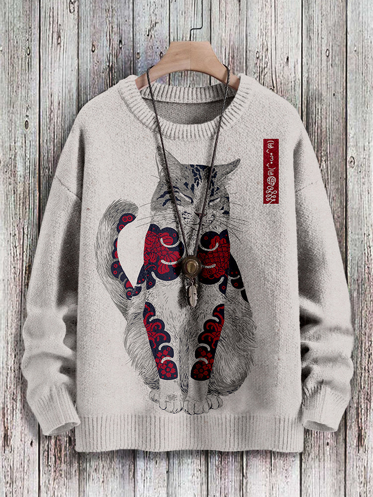 Men's Japanese Cats with Tatts Pattern Cozy Pullover Sweater elevenforest