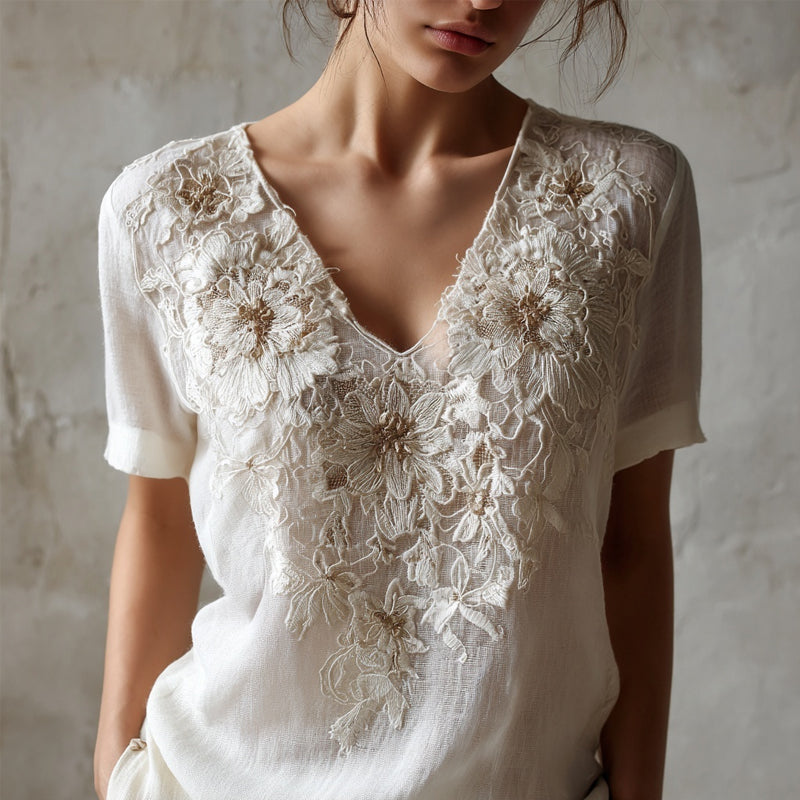 Vintage Floral Lace Embroidered Linen T Shirt artswardrobe