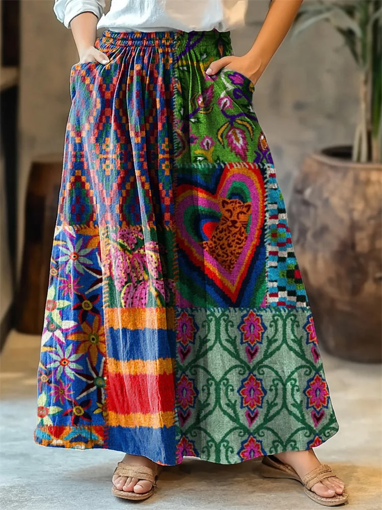 Women's Vintage Floral Patchwork Art Print Cotton Skirt artswardrobe