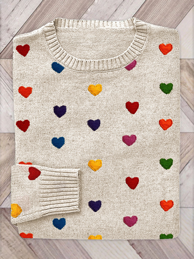 Colorful Heart Embroidery Pattern Cozy Knitted Sweater elevenforest