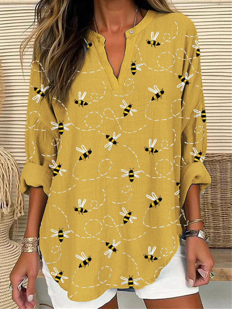 Comstylish Flying Bees Embroidery Pattern Linen Blend Tunic