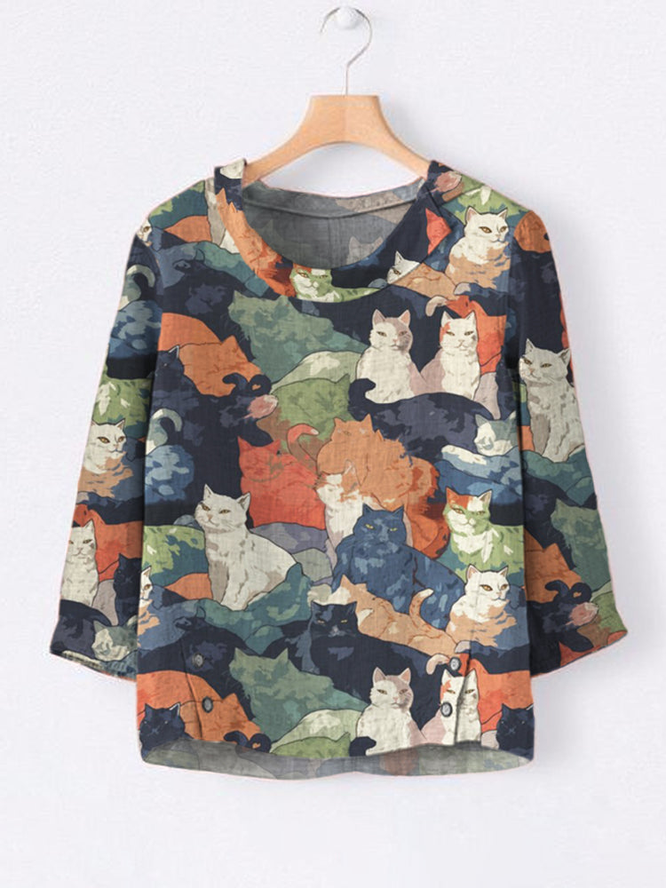 Japanese Art Cat Print Linen Fold Over Neck Loose Top elevenforest