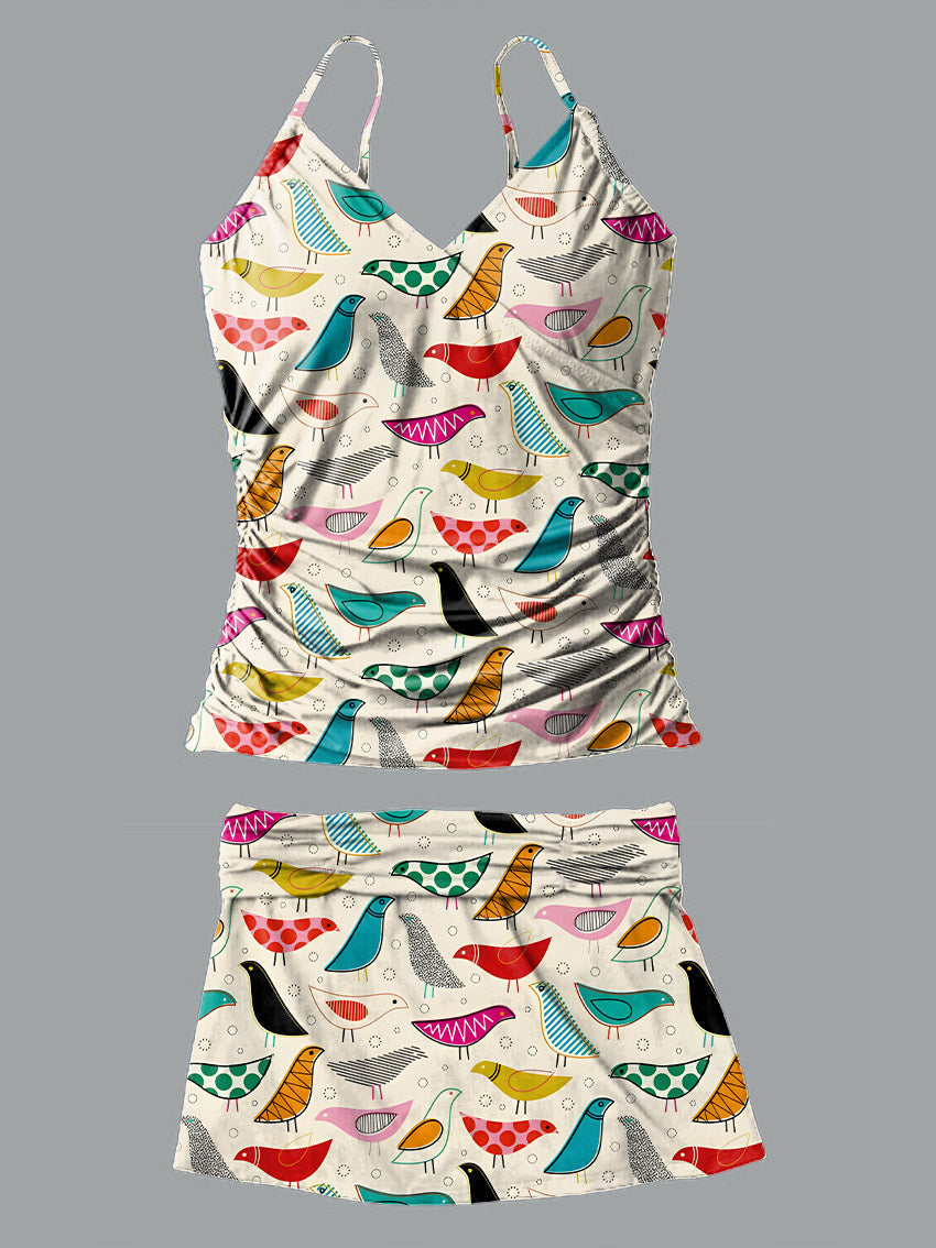 V-Neck Vintage Ethnic Multicolor Bird Parrot Art Print Suspender Skirt Tankini Pantskirt Set Swimsuit
