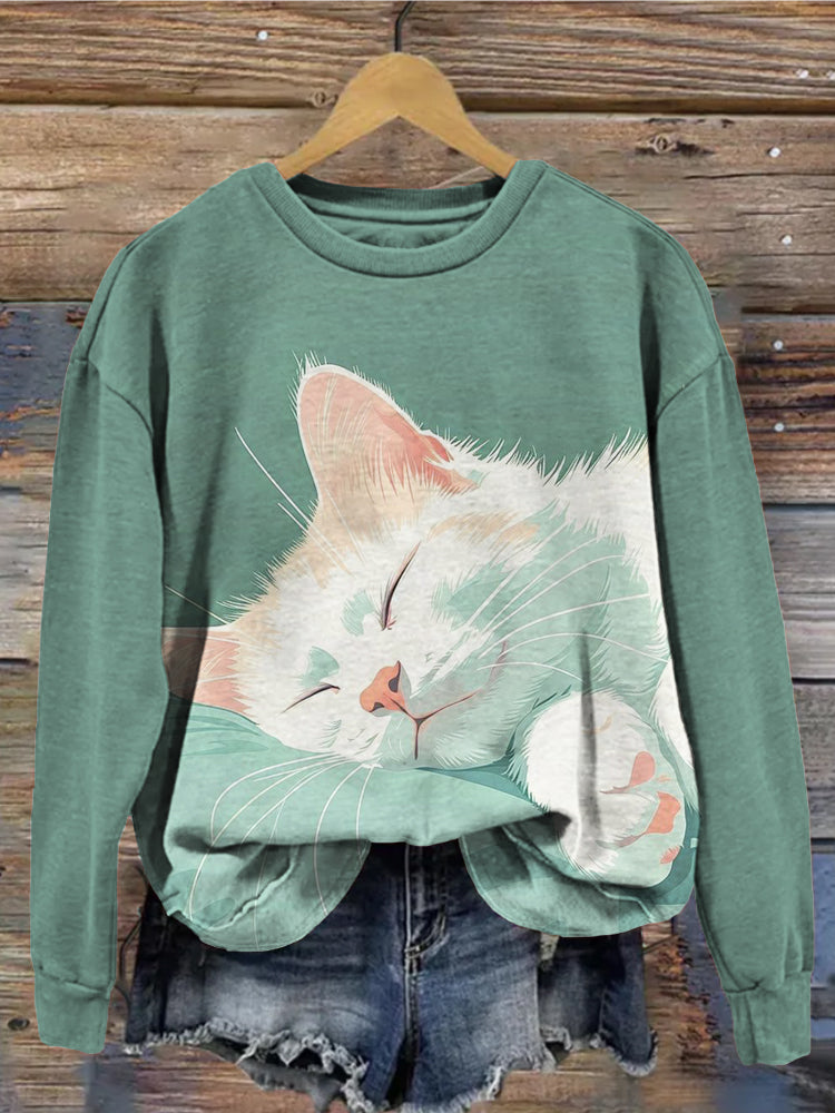 Minimalist Sleeping Cat Vintage Washed Sweatshirt elevenforest