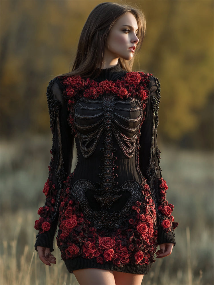 Classy Dark Skeleton Bloody Roses Beaded Sweater Dress artswardrobe