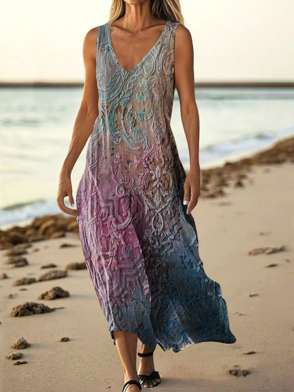 Women's Retro Ethnic Totem Art Pattern Print V-neck Sleeveless Cotton