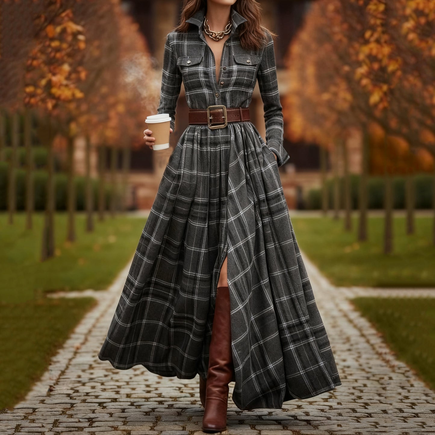 Vintage Khaki Plaid Inspired Belted Cottagecore Autumn Winter Long Sleeve Button-up Shirt Maxi Dress artswardrobe