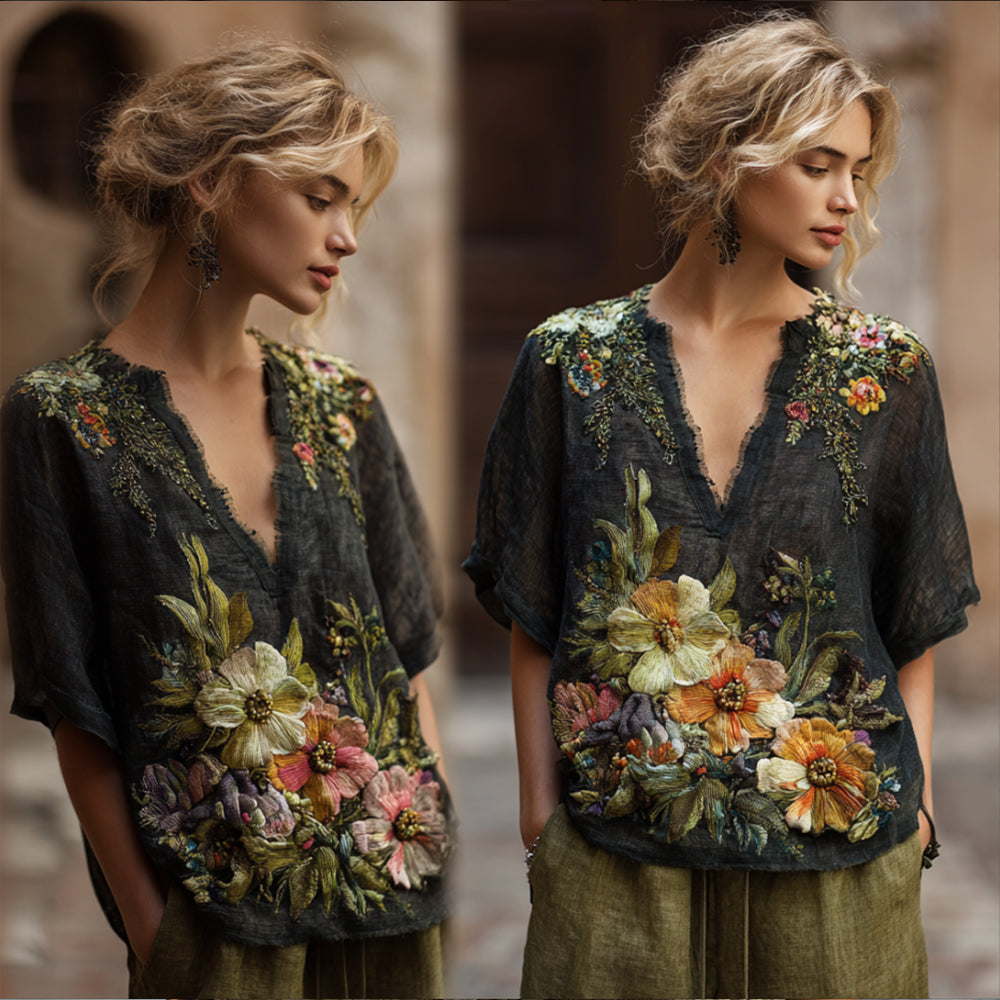Bohemian Style Three-dimensional Flower Sequin Embroidery Vintage Black V-neck Short Sleeve artswardrobe
