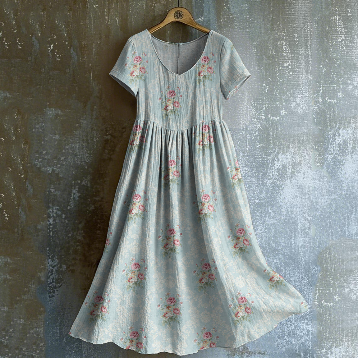 Women's Vintage Rose Print V-neck Short Sleeve Midi Dress artswardrobe