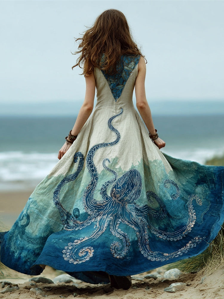 Ocean Octopus Art Vintage Women's Linen Vest Maxi Dress artswardrobe