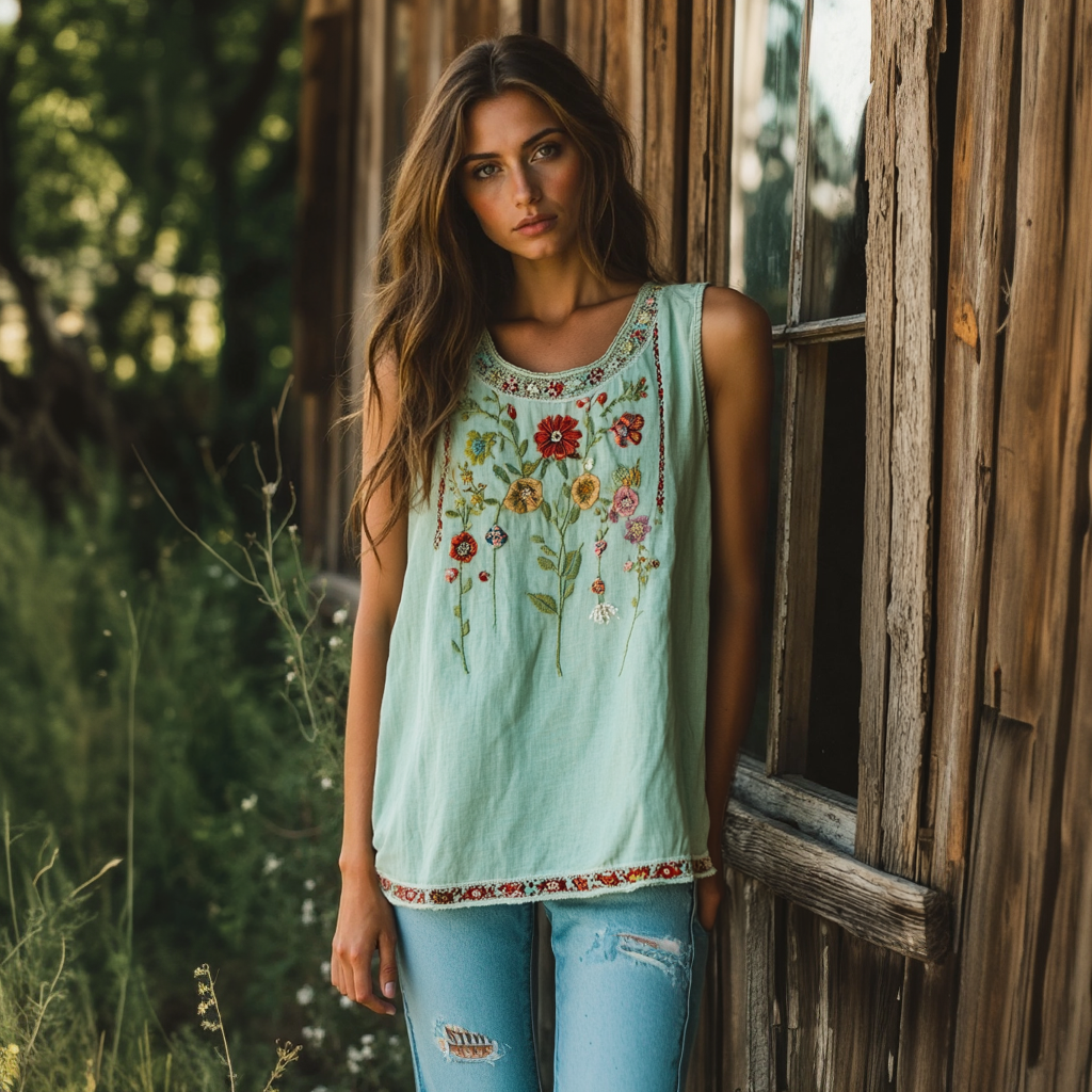 Vintage Bohemian Flowers Embroidery Art Linen Sleeveless Top artswardrobe