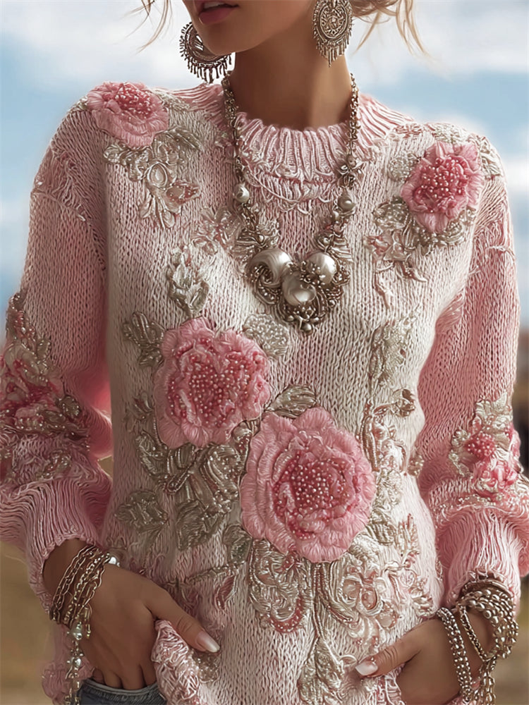 Vintage Pink Roses Beaded Embroidered Cozy Knit Sweater artswardrobe