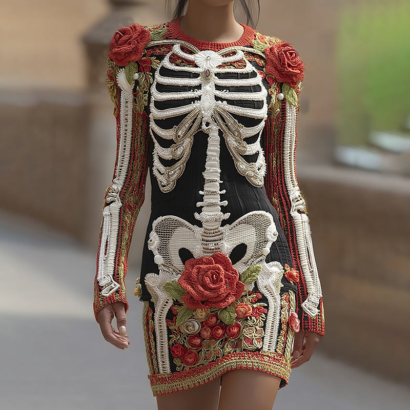 Women's Vintage Halloween Skeleton Bones With Rose Art Cozy Knit Mini Sweater Dress artswardrobe