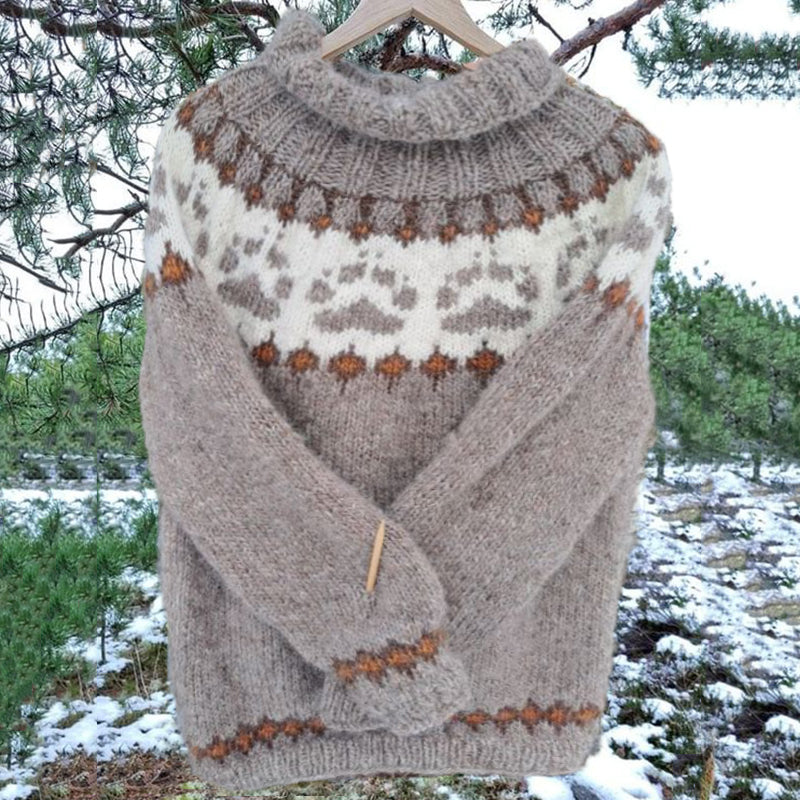 Vintage Icelandic Knit Jacquard Warmth Oatmeal Crew Neck Sweater(Unisex) elevenforest