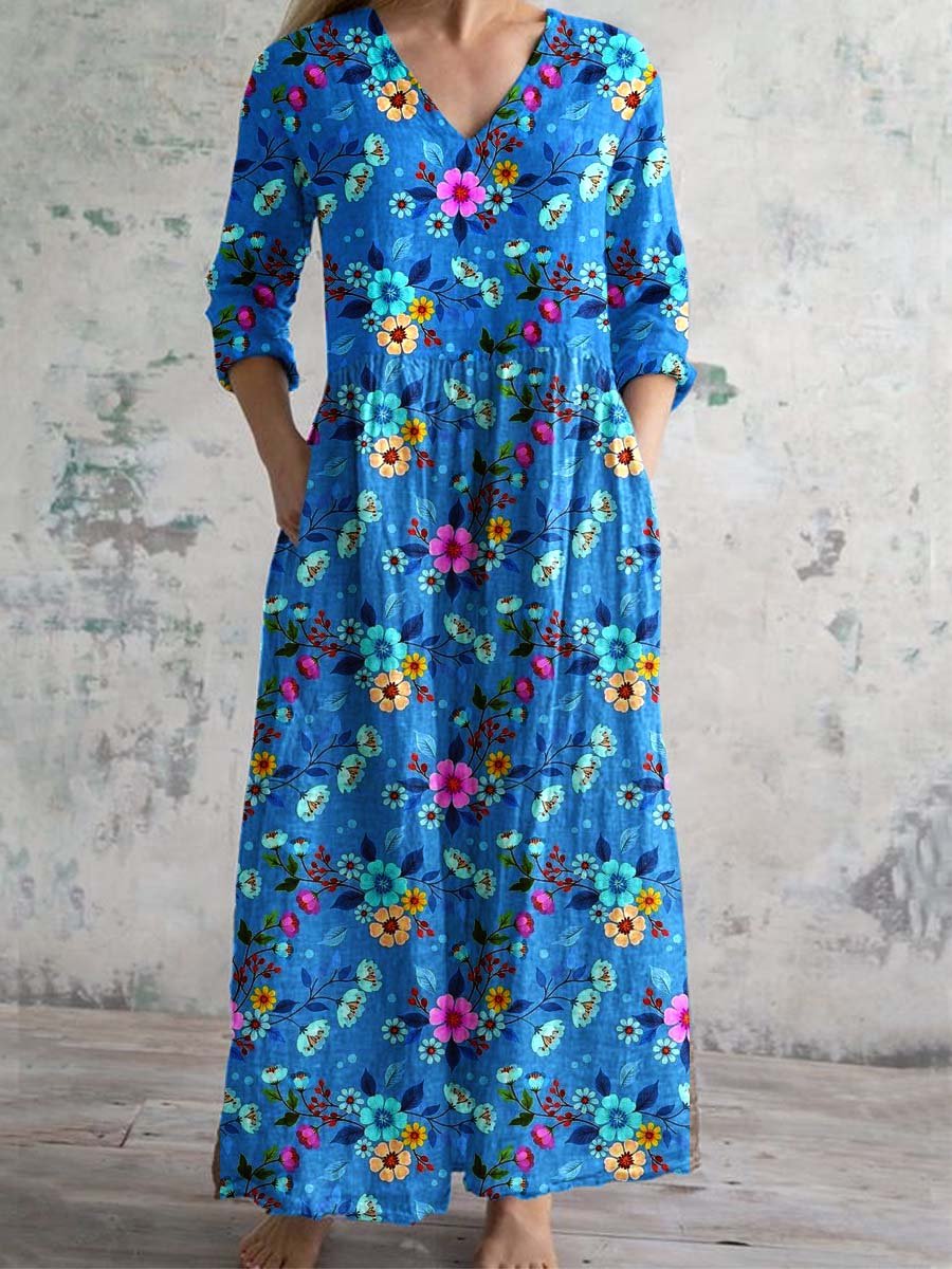 Women's V-neck Floral Print Cotton And Linen Dress With Pockets