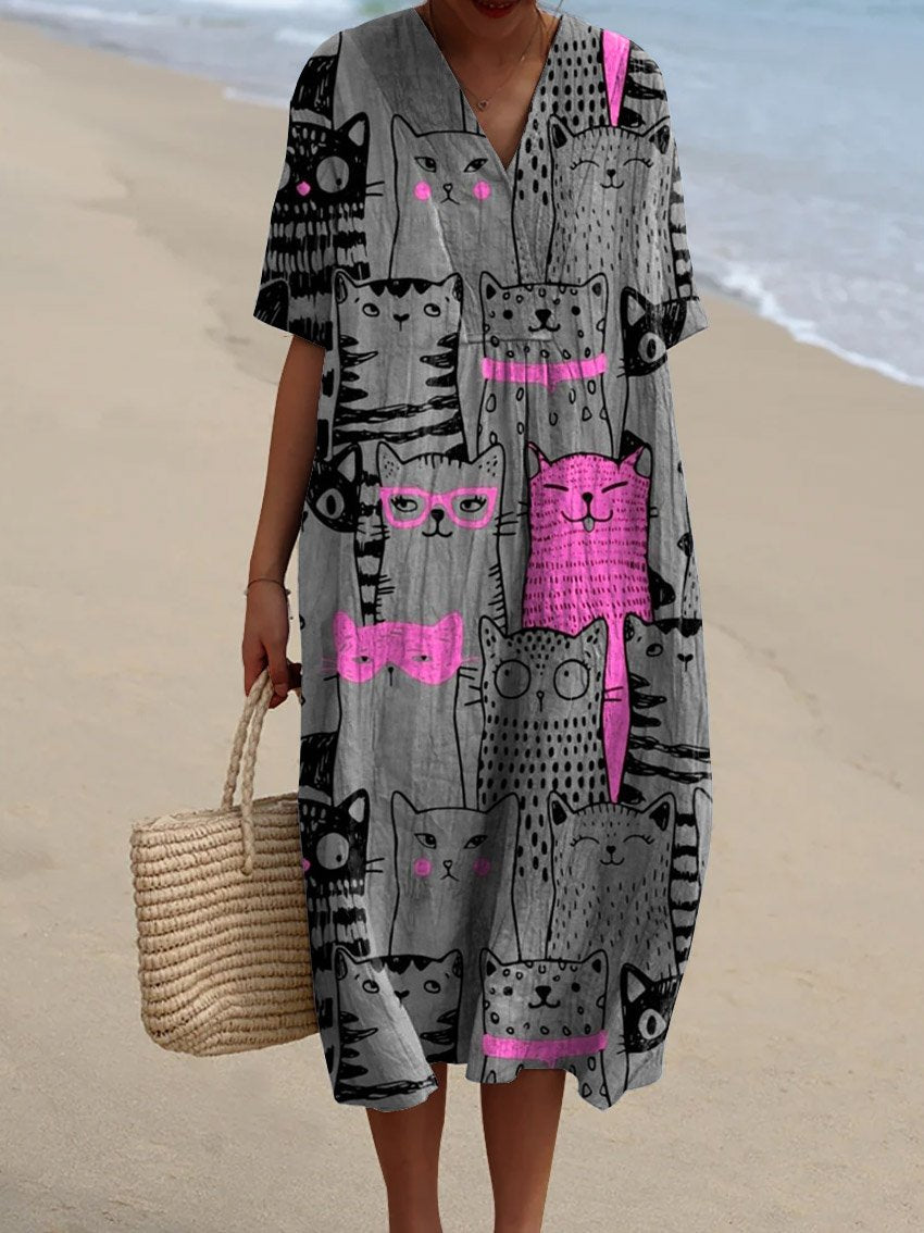 Women's Vintage Lovely Cats Art Print Flowy Dress